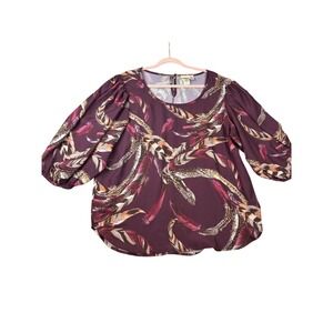 Rods XXL womens Western Feather Print Balloon Sleeve‎ Blouse Burgundy